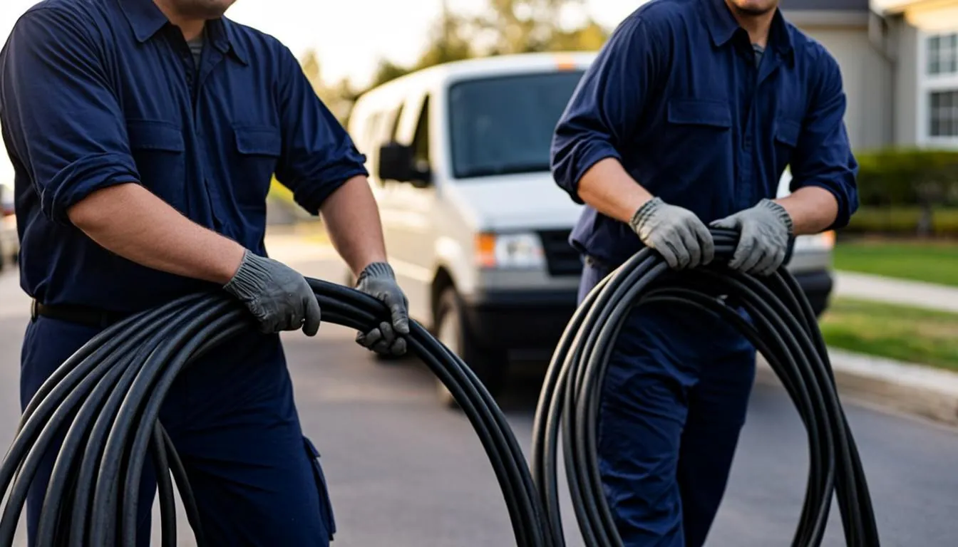 Beverly Sewer & Drain crew carrying coils of jetting hose beside a service van