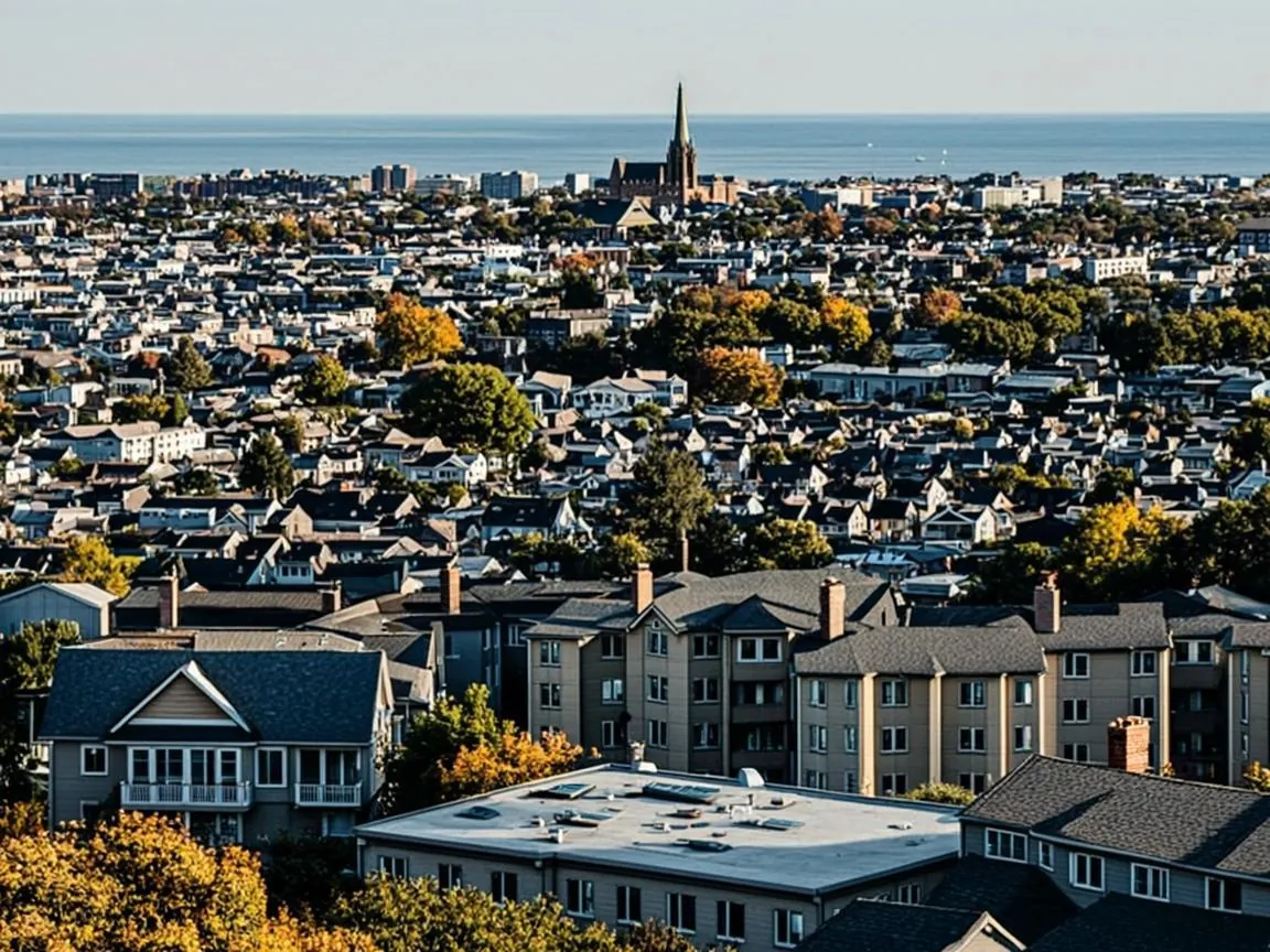 Rooftops of a coastal Beverly, MA neighborhood with the ocean in the distance