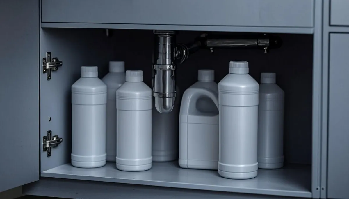 Unbranded chemical drain cleaner bottles on a floor beside old piping