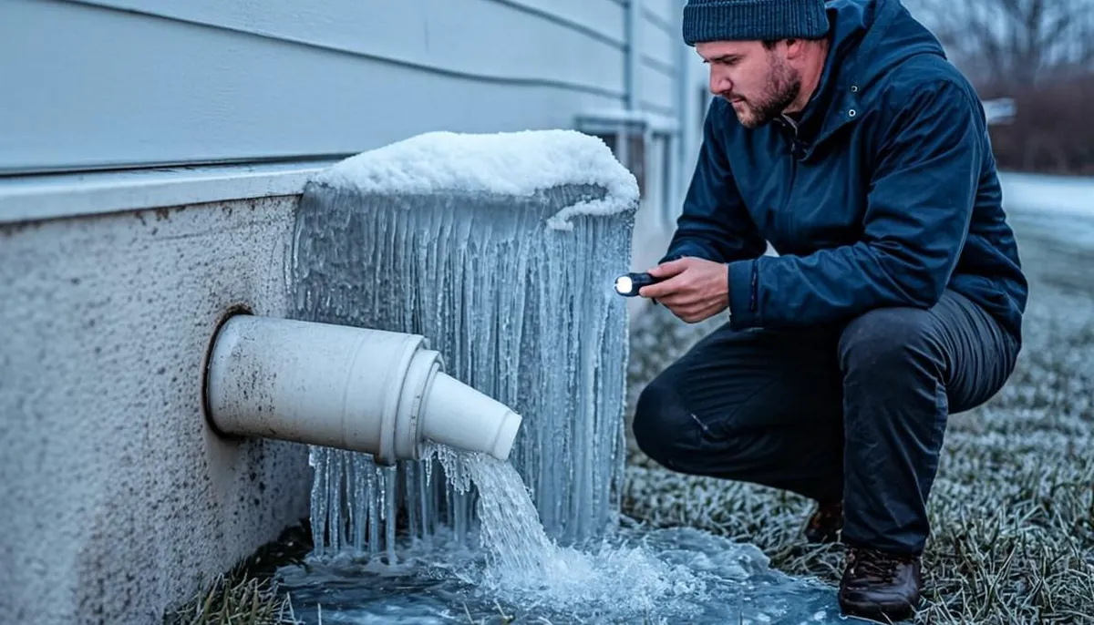 Ice-crusted sump pump discharge line and frozen overflow on the side of a Beverly home in winter