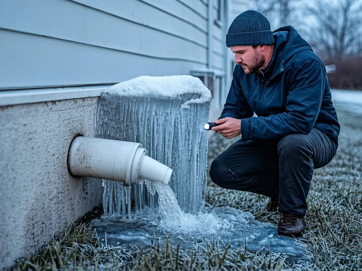 Frozen sump pump discharge line encrusted with ice on a Massachusetts home in winter