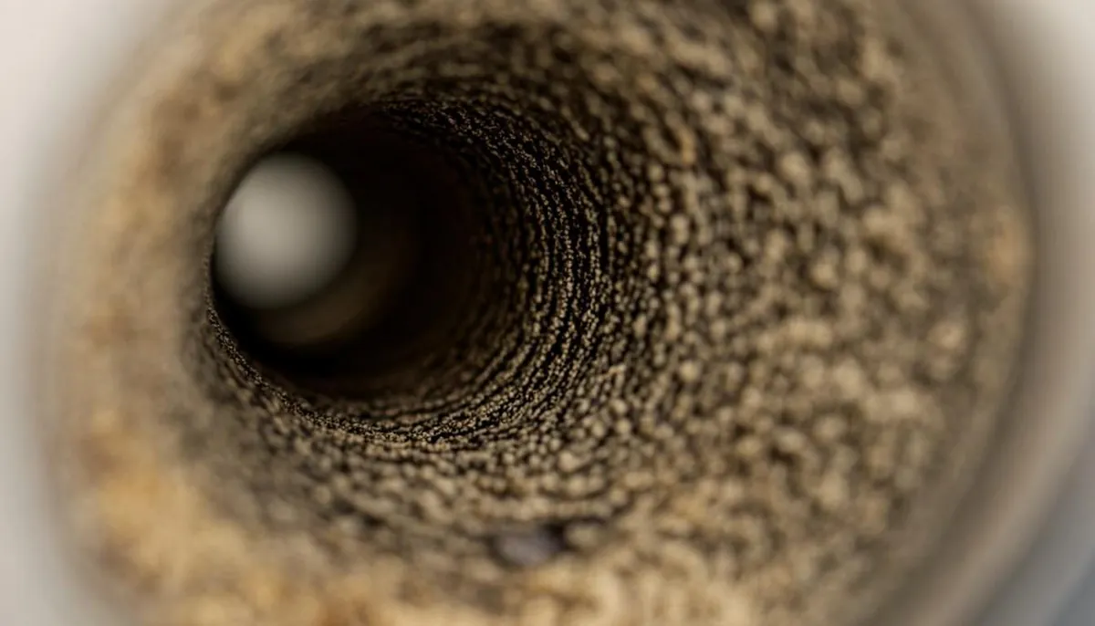 Grease and FOG buildup coating the inside of a kitchen drain pipe