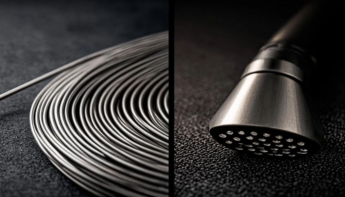 Drain snake cable and hydro-jetting nozzle side by side on a workbench