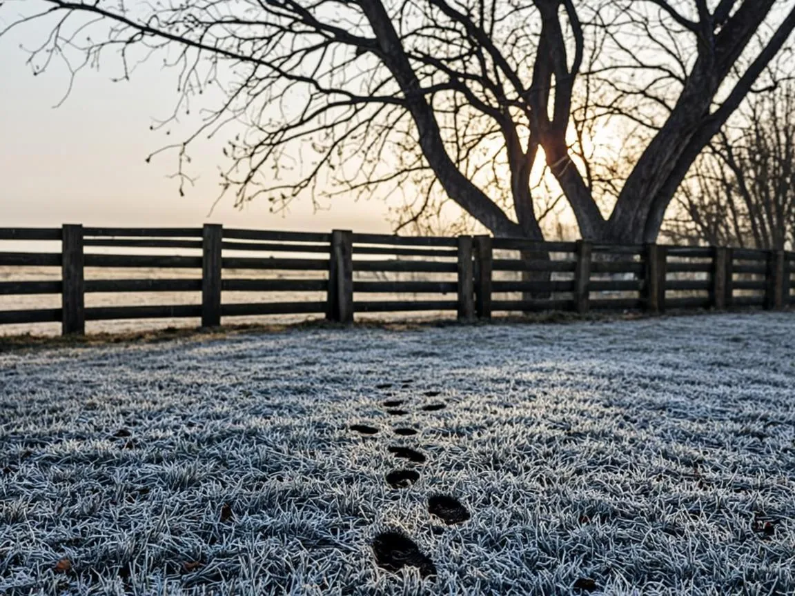 Frost-crusted ground over a yard where freeze-thaw cycles stress underground pipes