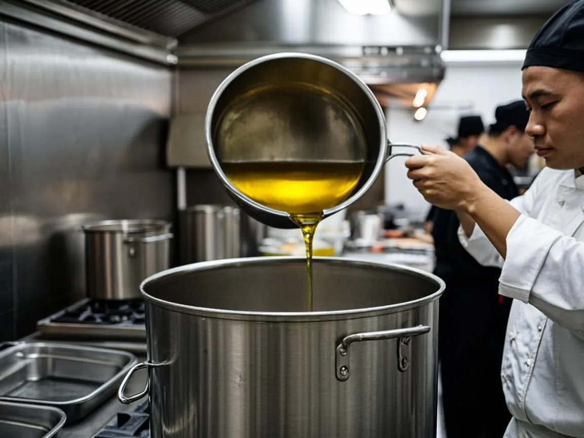 Commercial kitchen grease collection can beside a restaurant prep station in Essex County