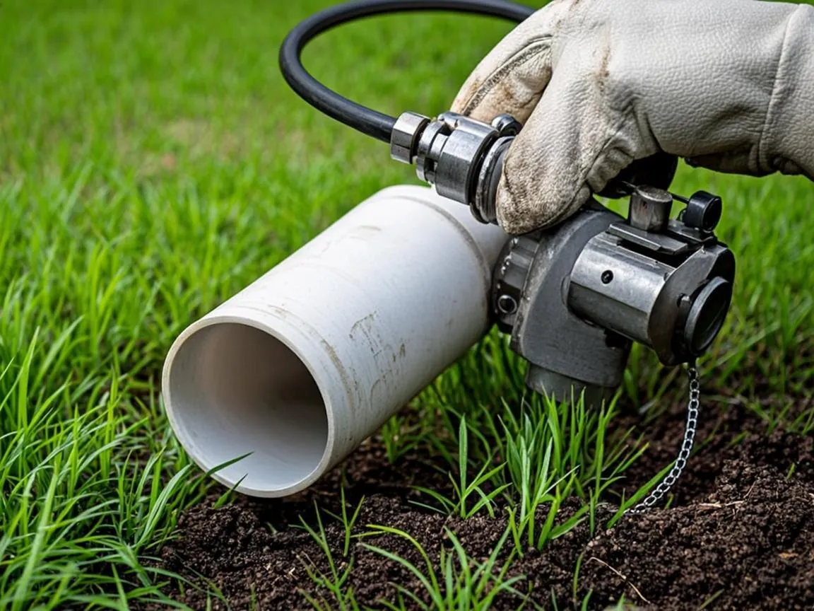 Root cutting jetting nozzle with chain cutting head on a high-pressure hose beside a cut sewer pipe section
