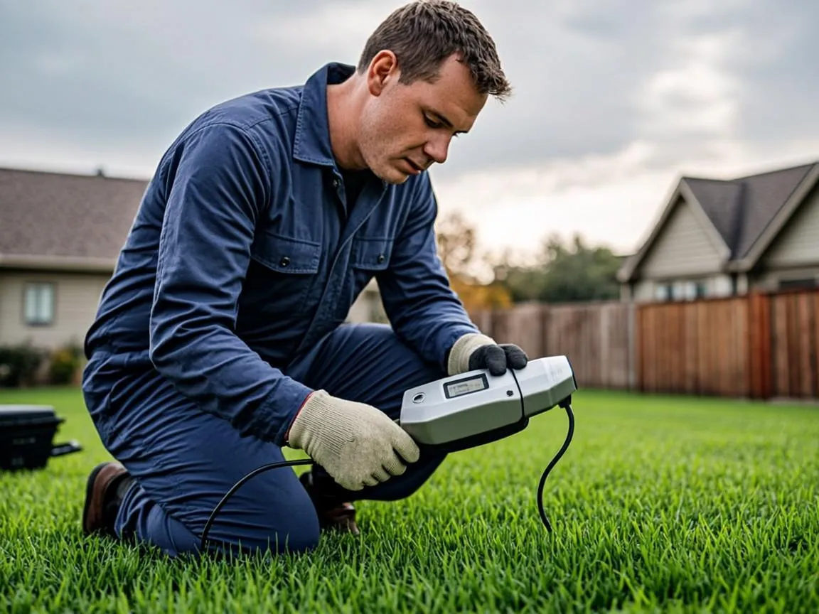Technician reading a sewer line locator receiver above a Beverly lawn