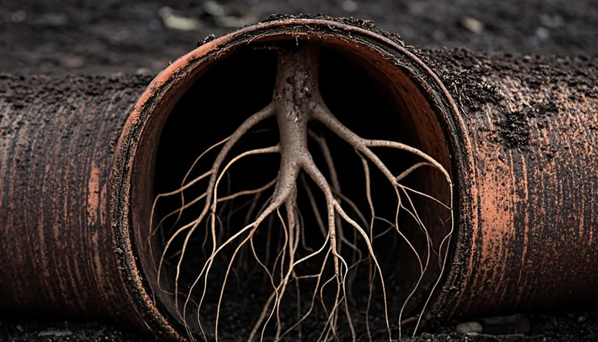 Tree roots hanging inside an old clay sewer pipe around a cracked joint