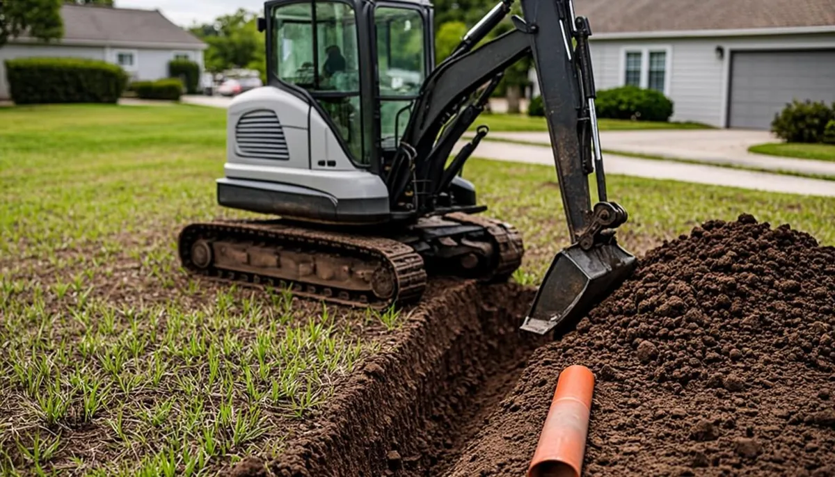 Mini excavator opening a trench for traditional sewer line replacement