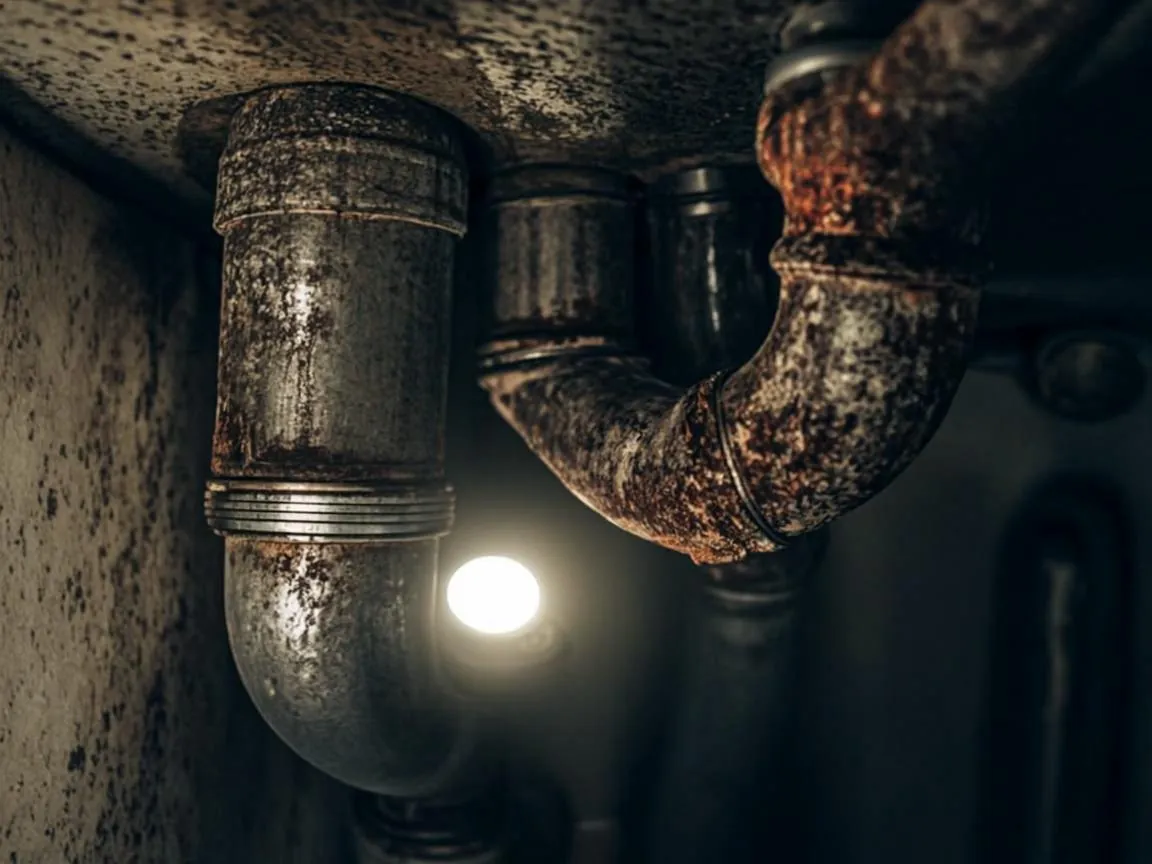 Corroded older piping under a sink after years of chemical drain cleaner use