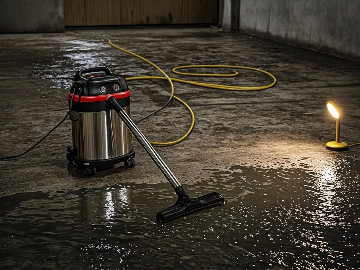 Wet vacuum extracting backed-up water from a basement floor during a sewage emergency