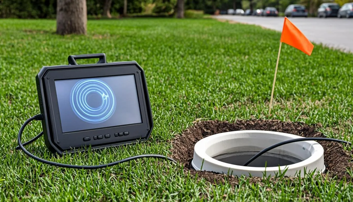 Sewer inspection monitor showing live pipe footage with the camera cable running into a lawn cleanout