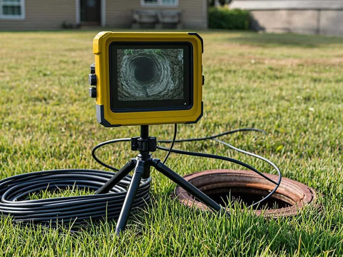 Sewer scope footage of a sewer pipe interior on a field monitor during a home purchase inspection