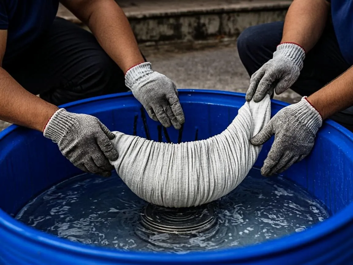 CIPP liner inversion process feeding resin-saturated liner into a sewer pipe