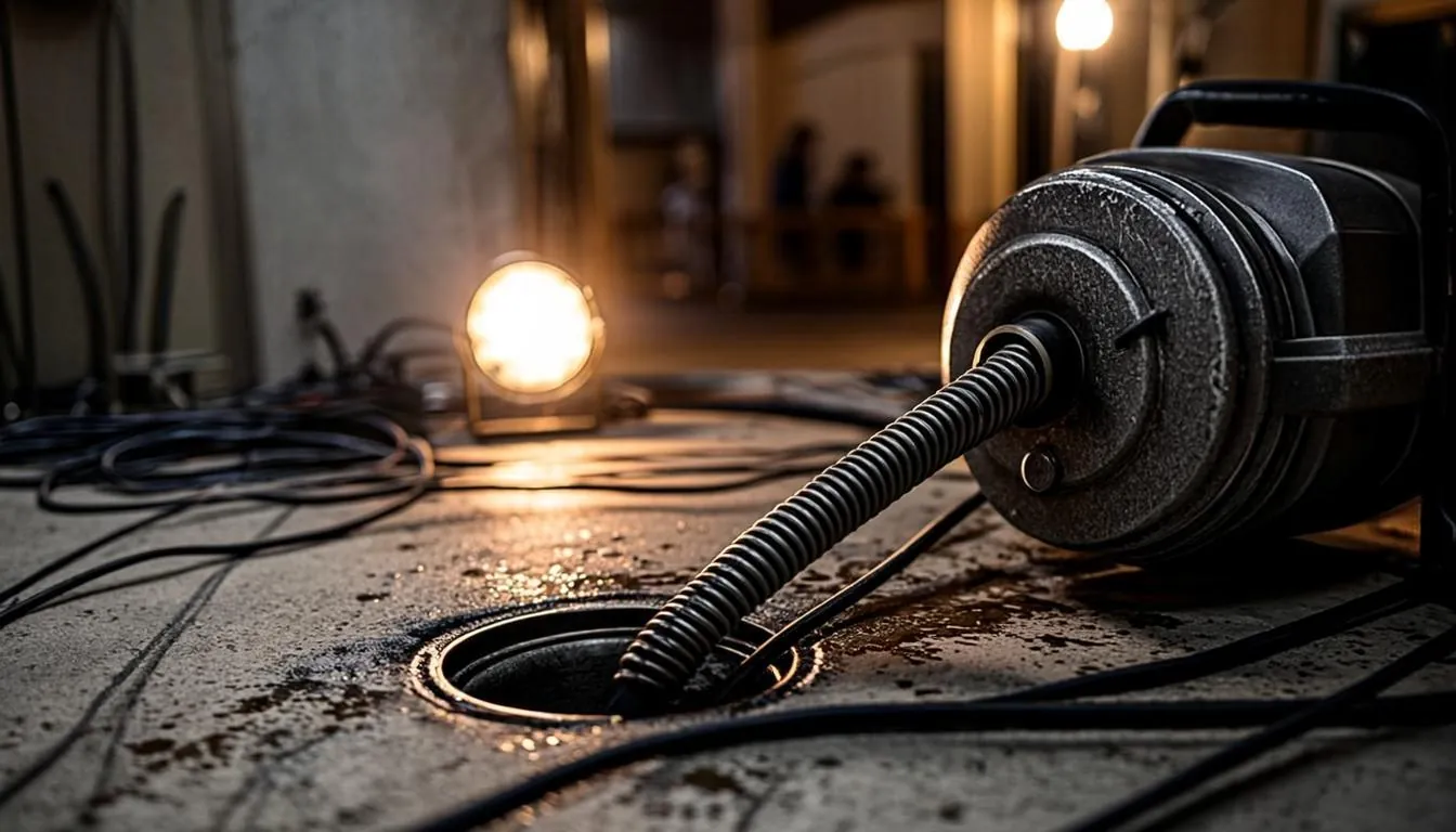 Drain cleaning drum auger machine feeding its steel cable into an open basement floor drain in Beverly, MA