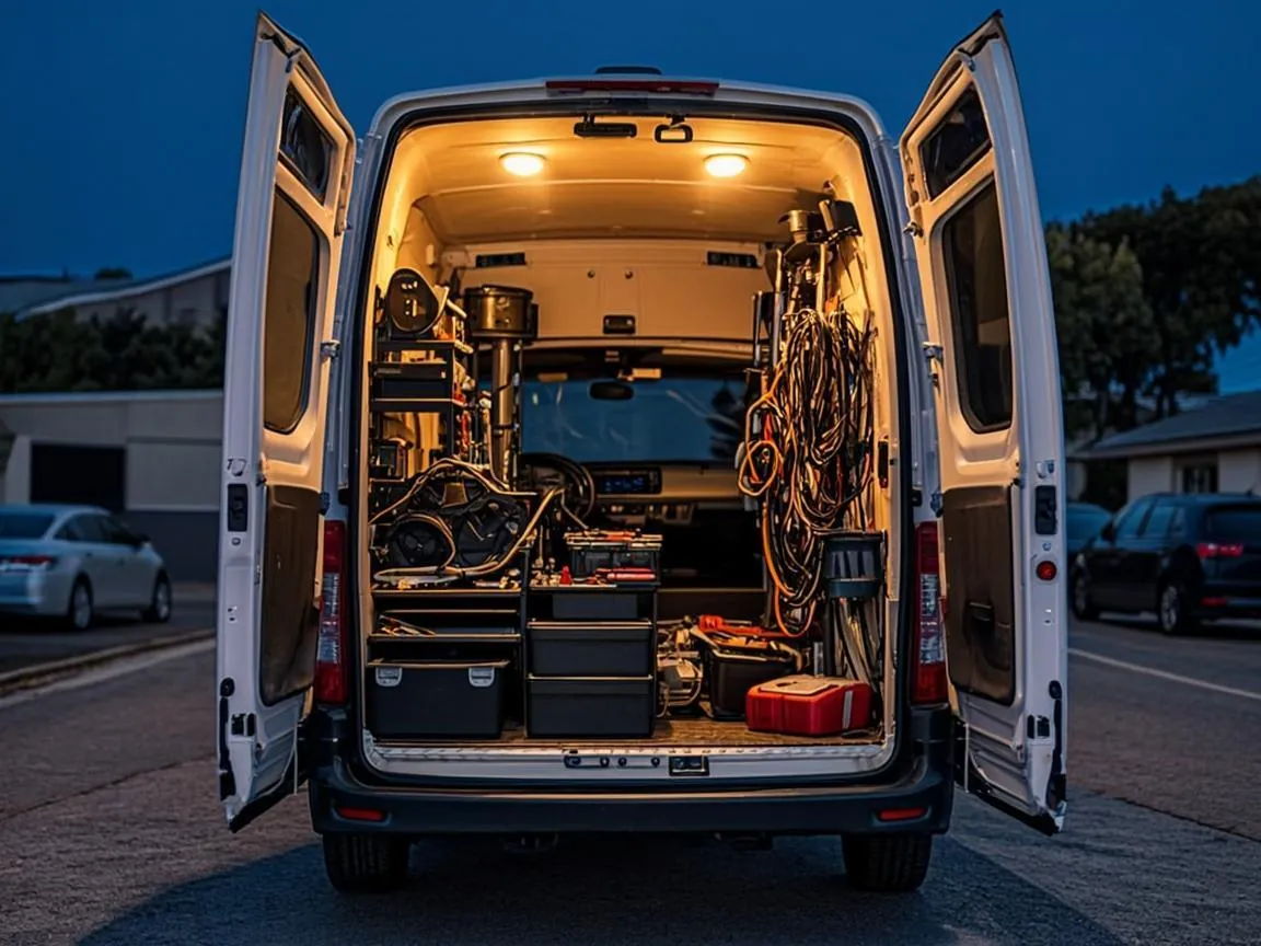 Emergency sewer response van loaded with drain machines and jetting gear at night