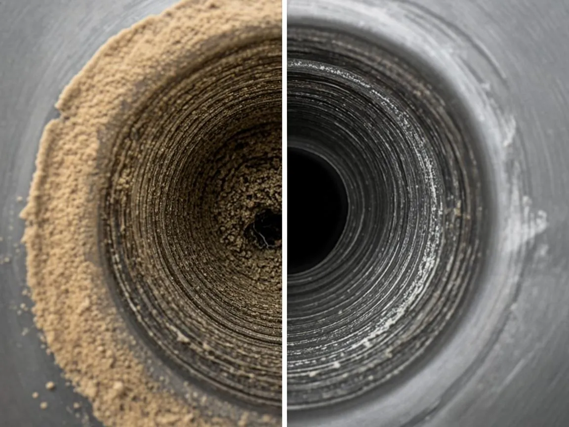 Before and after comparison of a grease-cleared commercial drain pipe interior