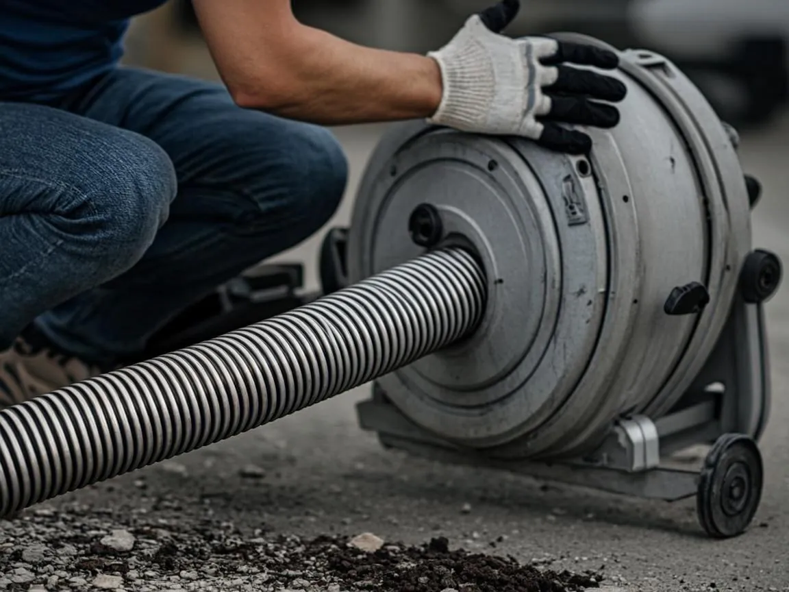 Main sewer line unclogging machine set up to clear a backed-up lateral after a storm