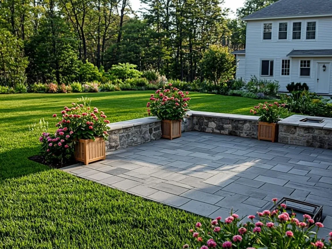Restored yard with patio and garden beds left undisturbed after trenchless sewer line installation