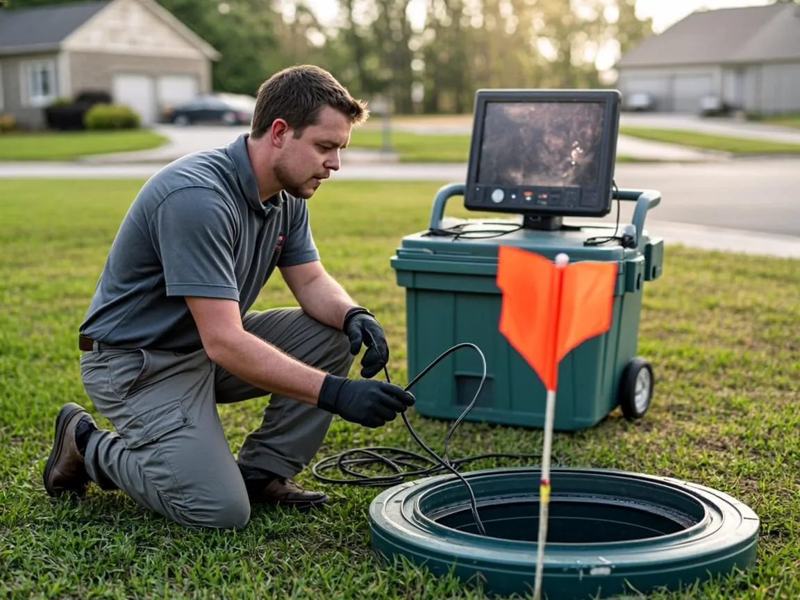 Technician feeding a sewer camera cable from a reel cart into a lawn cleanout during a pipe locate