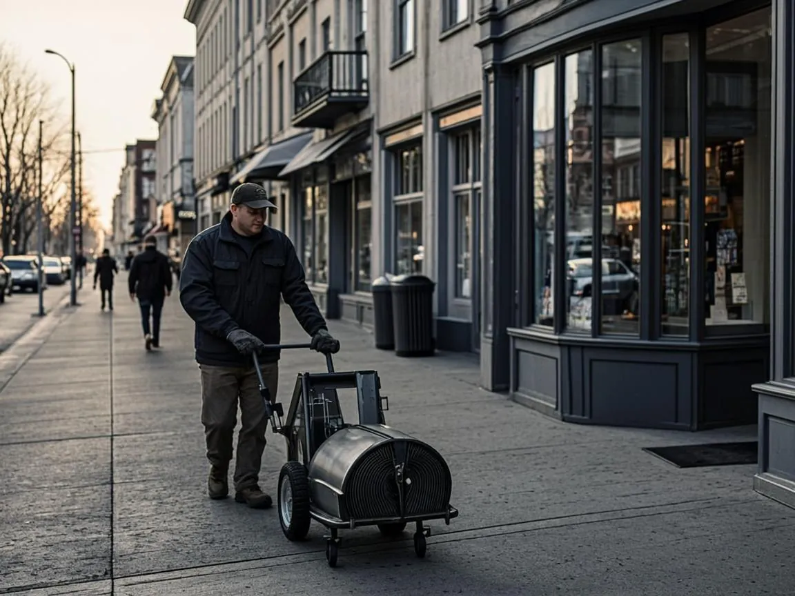 Technician moving drain equipment along a downtown Beverly sidewalk