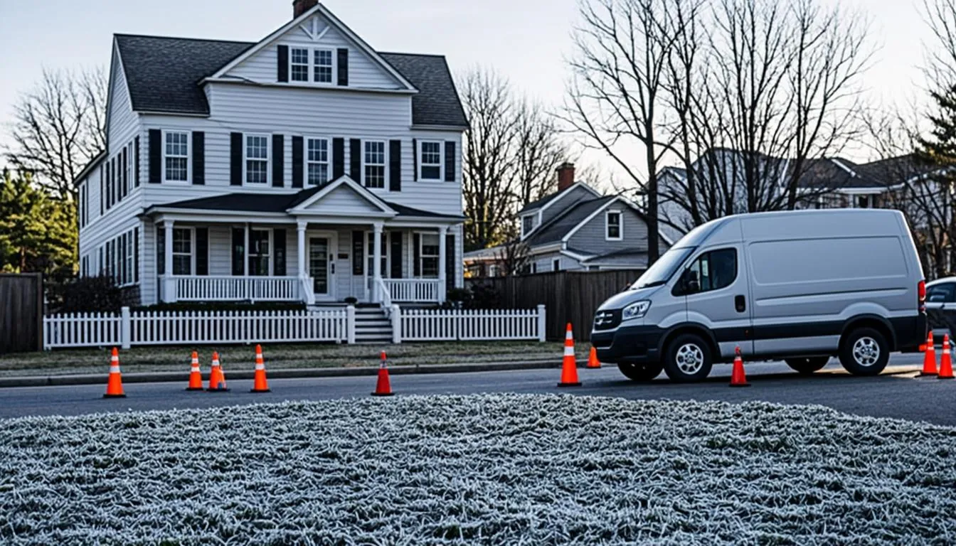 Winter frost on a Danvers, MA residential street with a service van at the curb