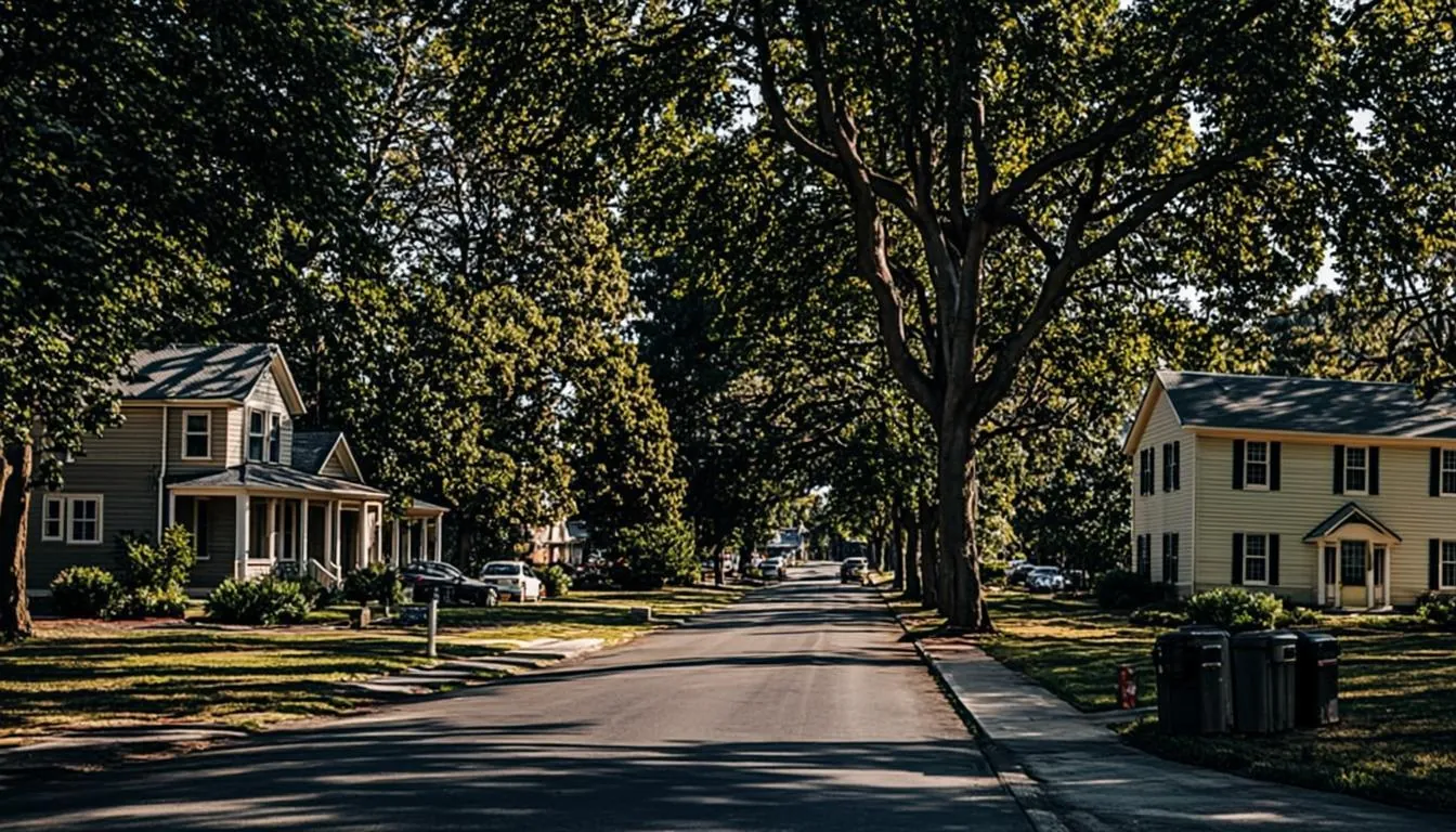 Mature oak trees over a quiet Peabody, MA neighborhood street