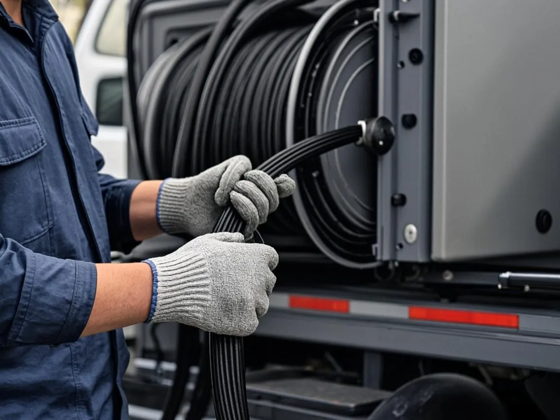 Technician securing a jetting hose reel on a service truck